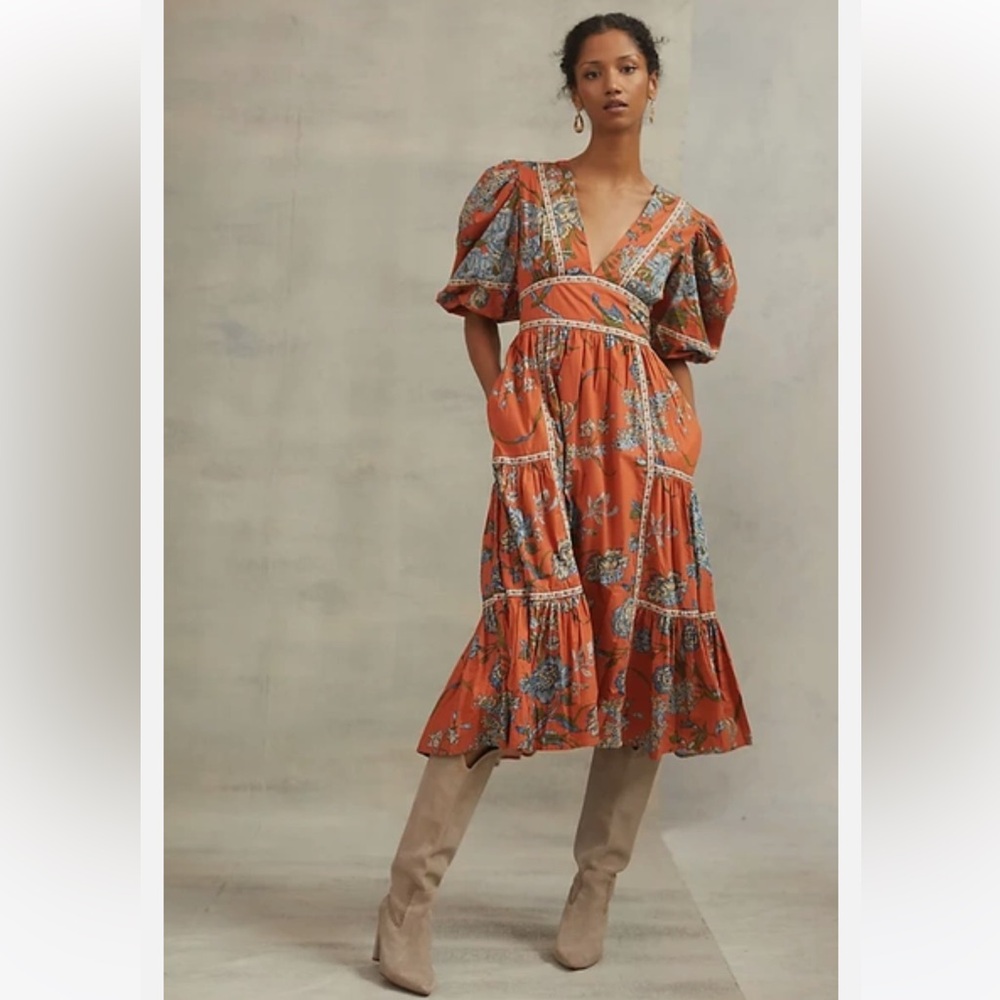 Anthropologie Love the Label Floral Orange Puff Sleeve Dress